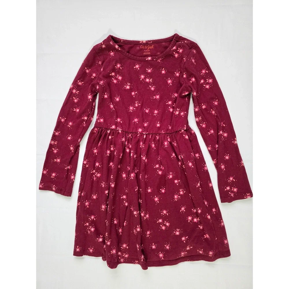 Cat & Jack Girls Burgundy Floral Long Sleeve Jersey Dress Maroon Size S 6/6X